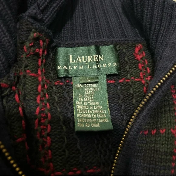 Lauren Ralph Lauren Men Sweater Blue Plaid 1/4 Zip Cotton Size L - Picture 6 of 8